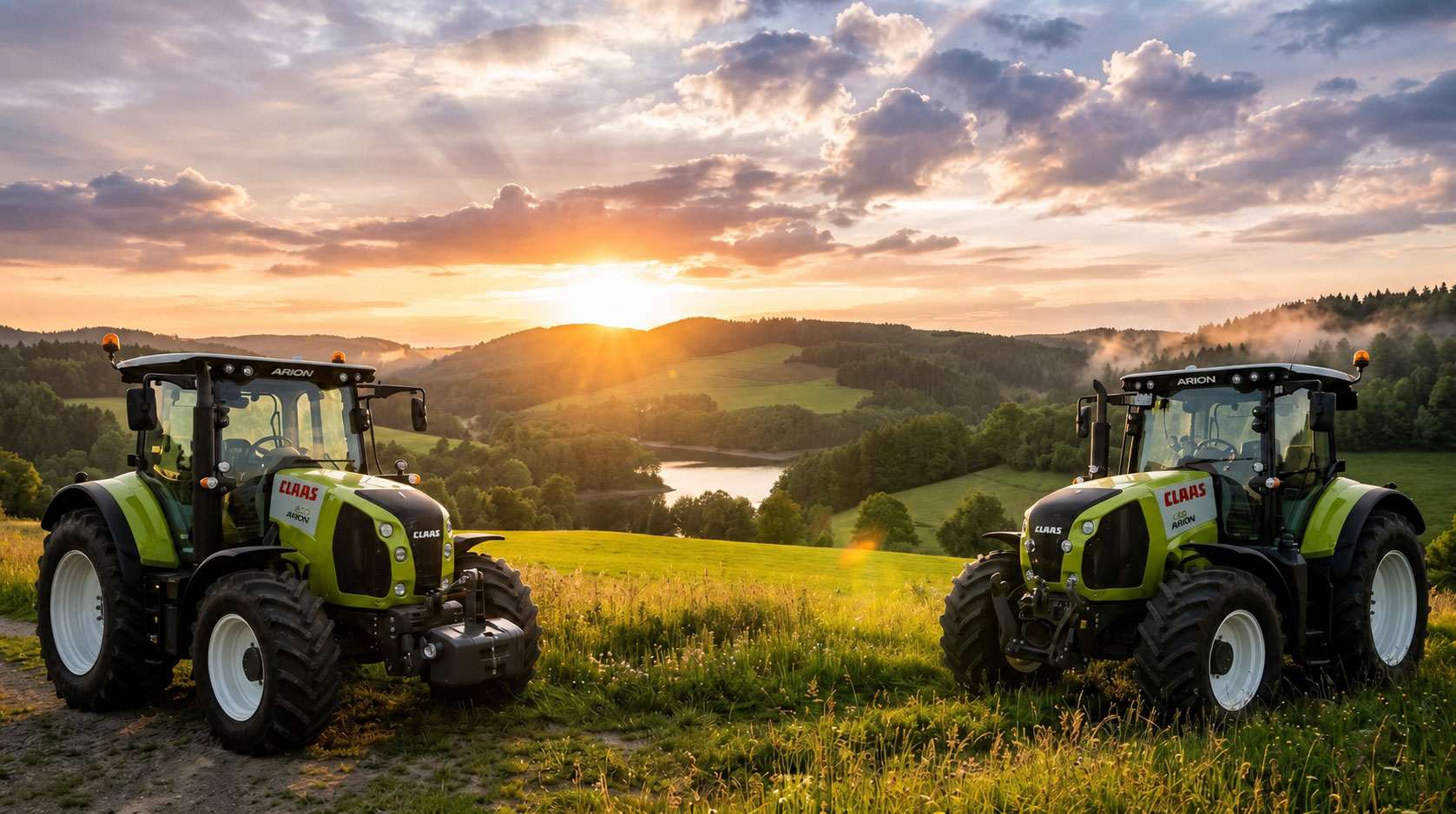 Moderner Traktor im goldenen Sonnenlicht auf einem weiten Feld